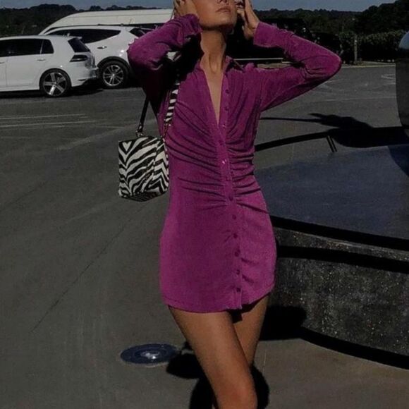 With Jean Andy Mini Purple Dress Long Sleeve Button Down Shirt Size M - Picture 3 of 11